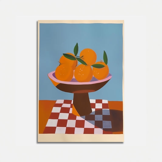 A colorful painting of oranges in a bowl on a checkered surface.
