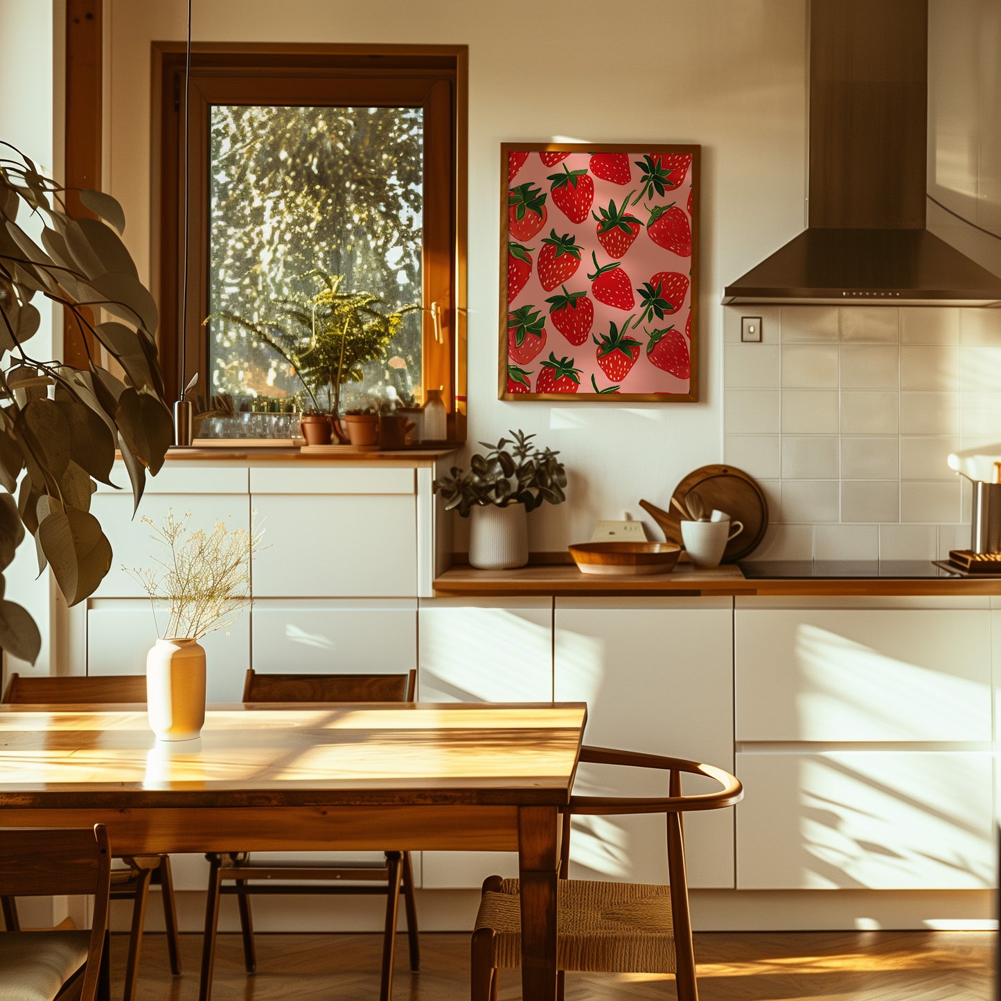 Sunny modern kitchen interior with a wooden table and a plant, with a strawberry art piece on the wall.