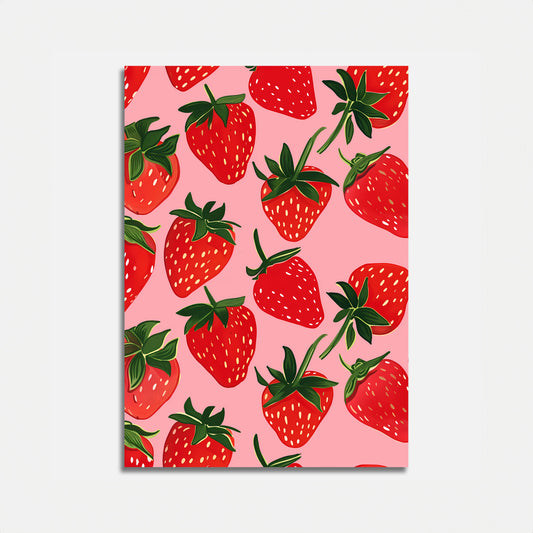 A patterned poster with red strawberries on a pink background.