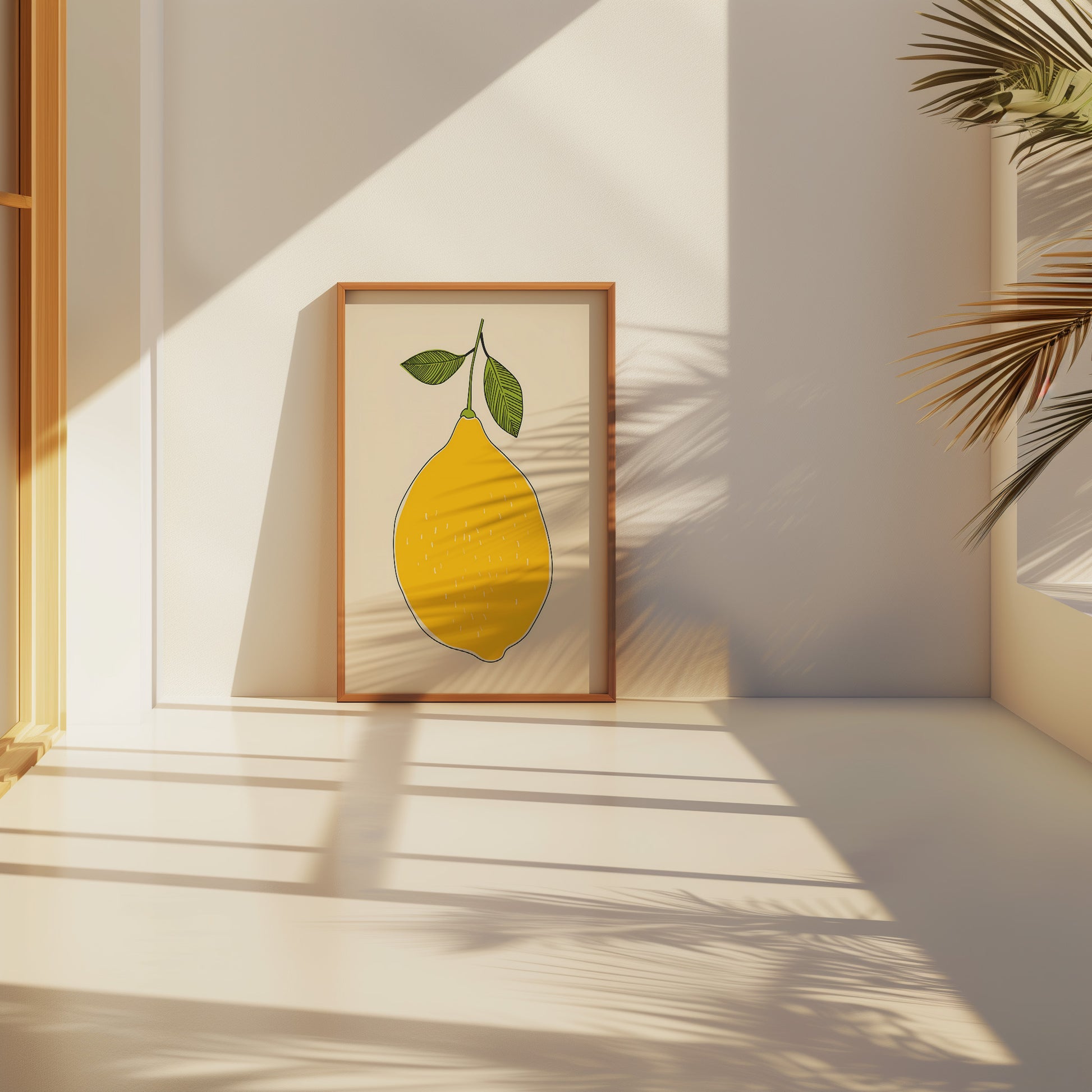 A framed illustration of a yellow pear standing on a floor in a sunlit room with shadows.