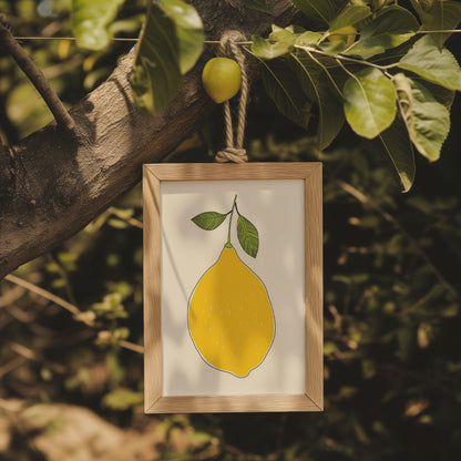 A framed illustration of a lemon hanging on a tree branch.