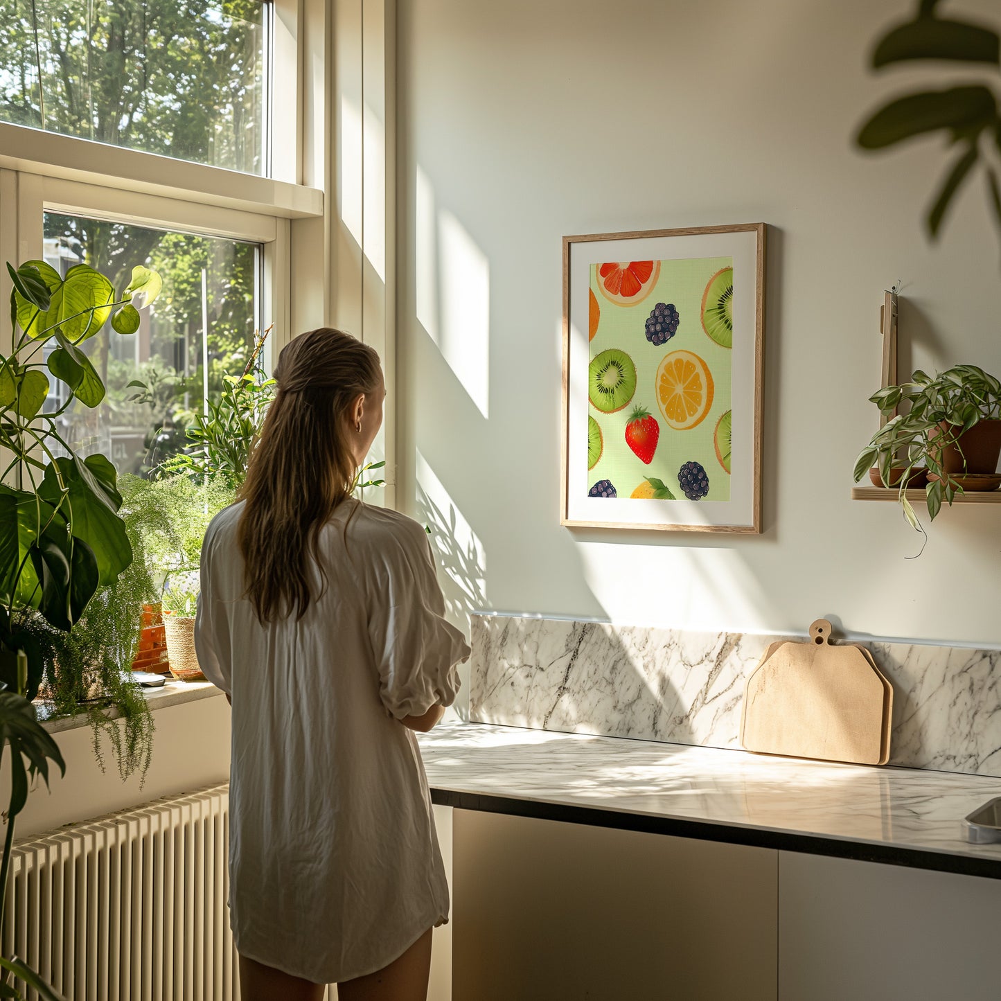 A person standing by a kitchen window with sunlight, looking at a fruit painting on the wall.