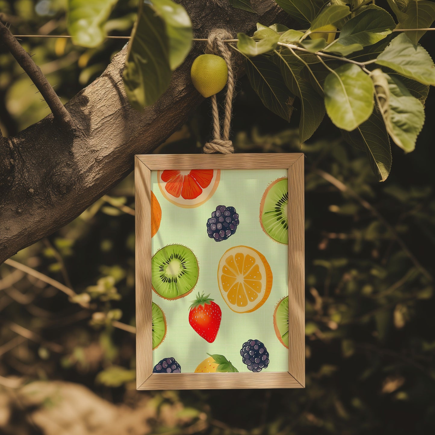 A framed picture of various fruits hanging from a tree branch.