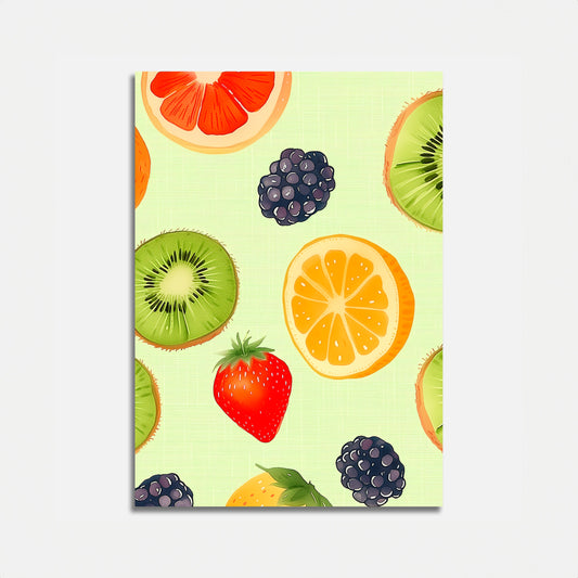 Colorful fruit pattern with kiwi, strawberries, lemons, and berries on a light green background.