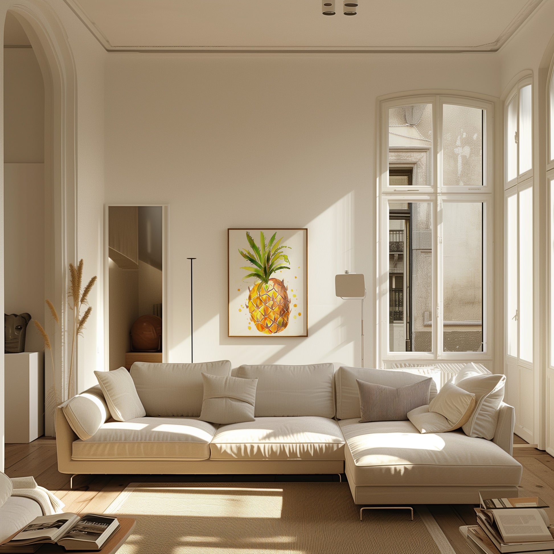 A bright, cozy living room with a white sofa and a pineapple painting on the wall.