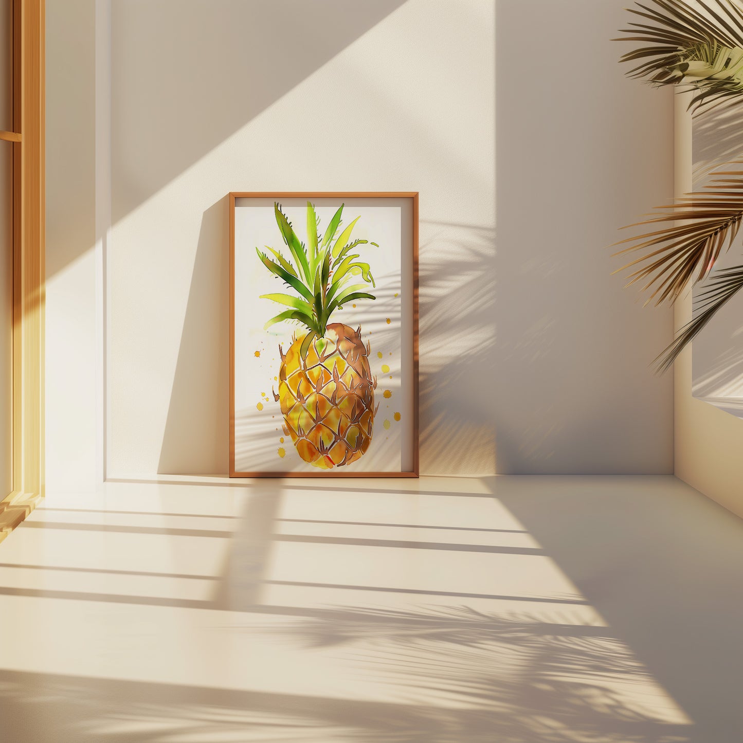 Framed painting of a pineapple on a sunny floor with shadows of window blinds.