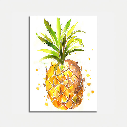 Modern watercolor painting of a pineapple on a white canvas.