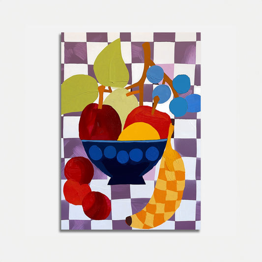 A colorful abstract painting of a fruit bowl with various fruits on a patterned background.