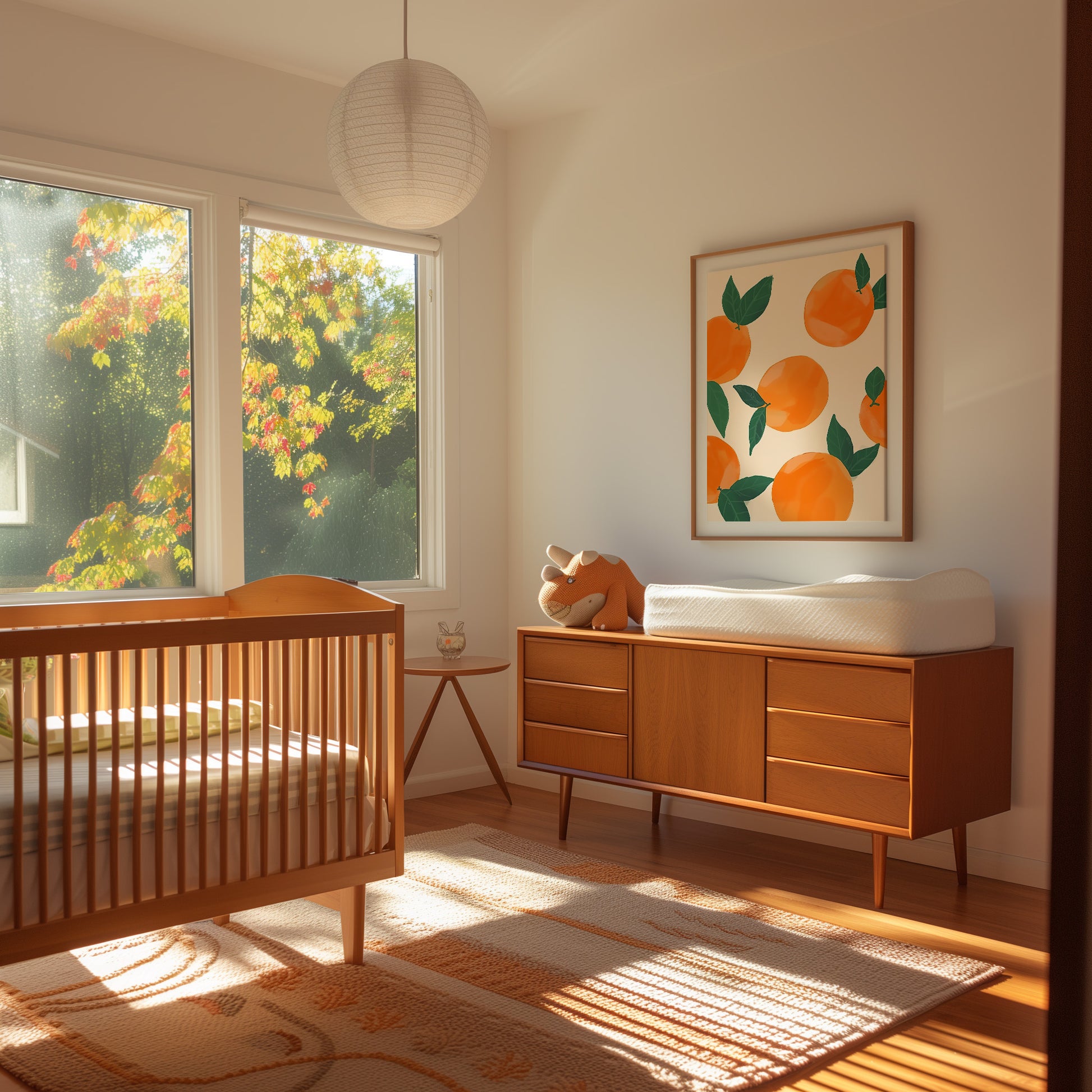A sunlit nursery with a crib, dresser, and colorful fruit painting on the wall.