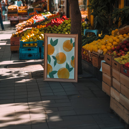 A framed picture of lemons displayed near a fruit stand on a sunny street.