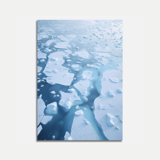 A poster of a polar ice caps aerial view on a white wall.