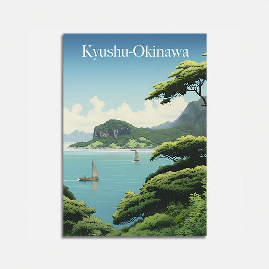 Travel poster featuring the serene Kyushu-Okinawa landscape with boats on water.