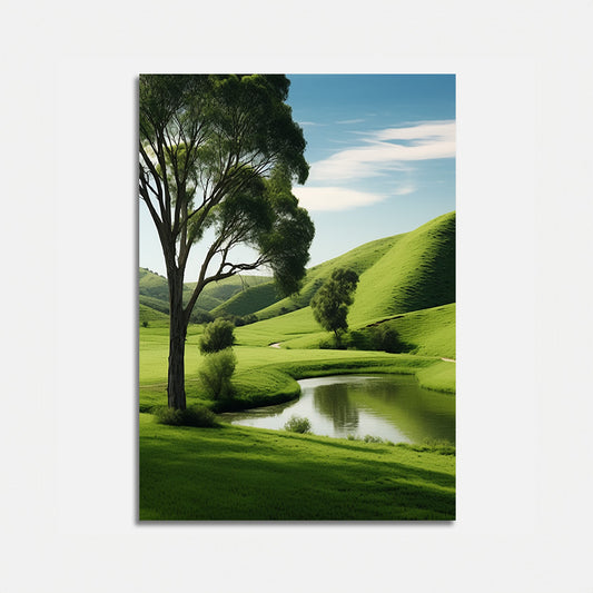 A serene landscape with green hills, trees, and a small pond.