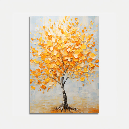A vibrant painting of a tree with yellow and orange leaves against a pale background.