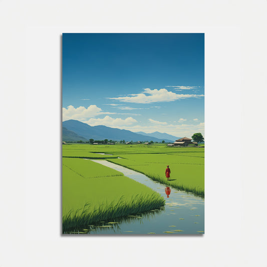 Painting of a person walking alongside rice paddies with mountains in the background.