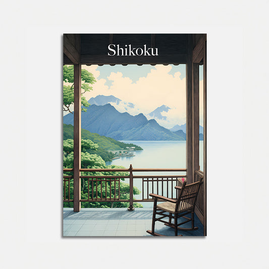 Artistic poster depicting a serene view from a balcony overlooking Shikoku's mountains and water.