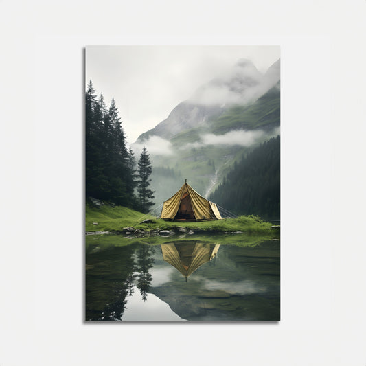 A tent by a serene lake with misty mountains and pine trees in the background.