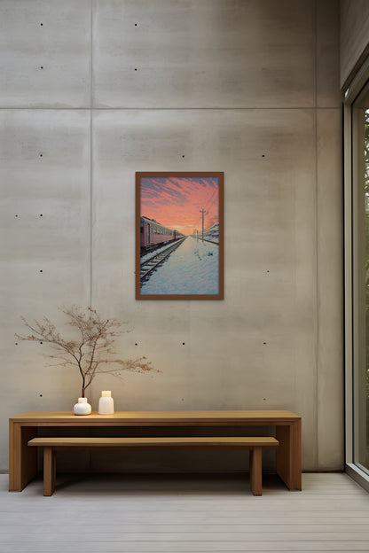 A modern room with a landscape painting, a wooden bench, and a vase with branches.