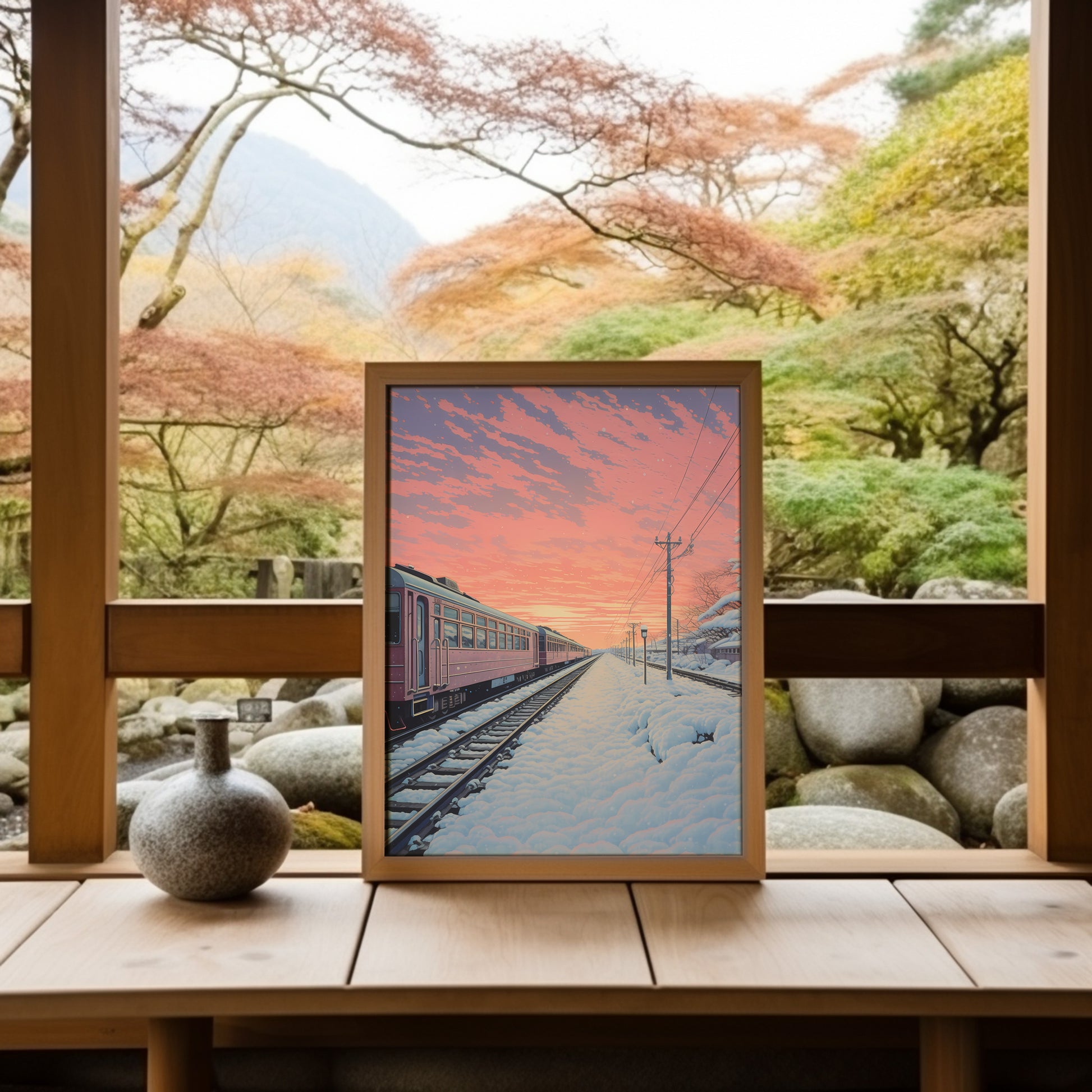 A painting of a train on a snow-covered track at sunset, displayed in a peaceful room with a view of nature.