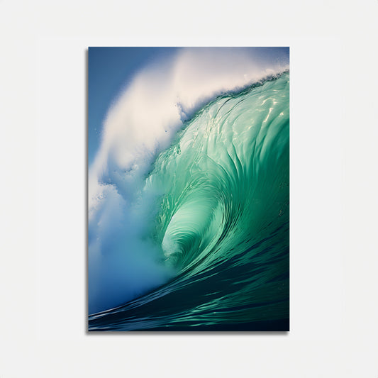 A vibrant canvas print of a curling ocean wave with rich blue and green hues.