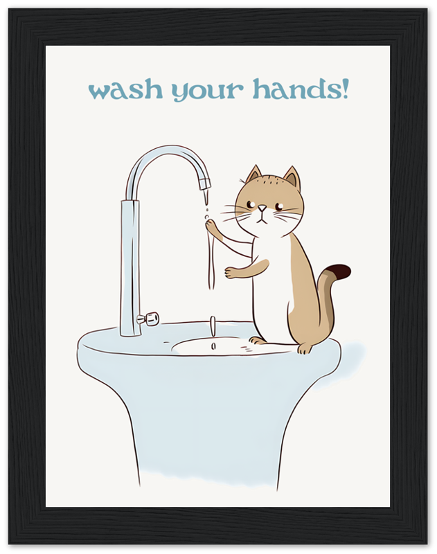 Illustration of a cat washing its paw under a sink faucet with the message "wash your hands!" framed on a wall.