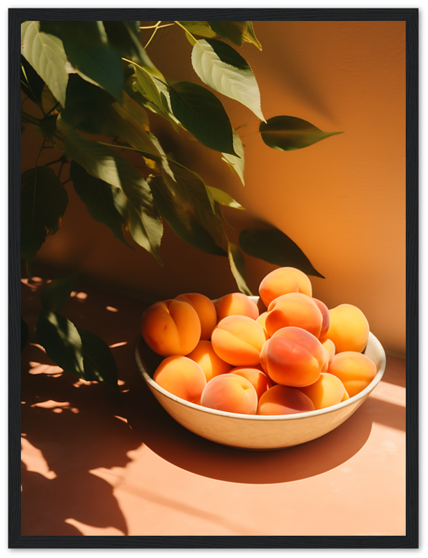 A bowl of apricots in sunlight with plant shadows on an orange wall.