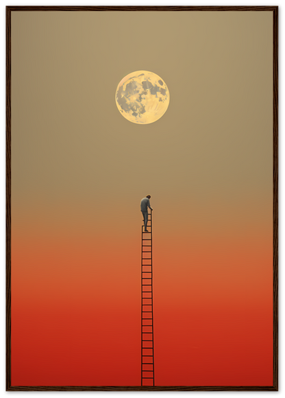 A person on a ladder reaching towards a large moon in a framed artwork with an orange gradient background.