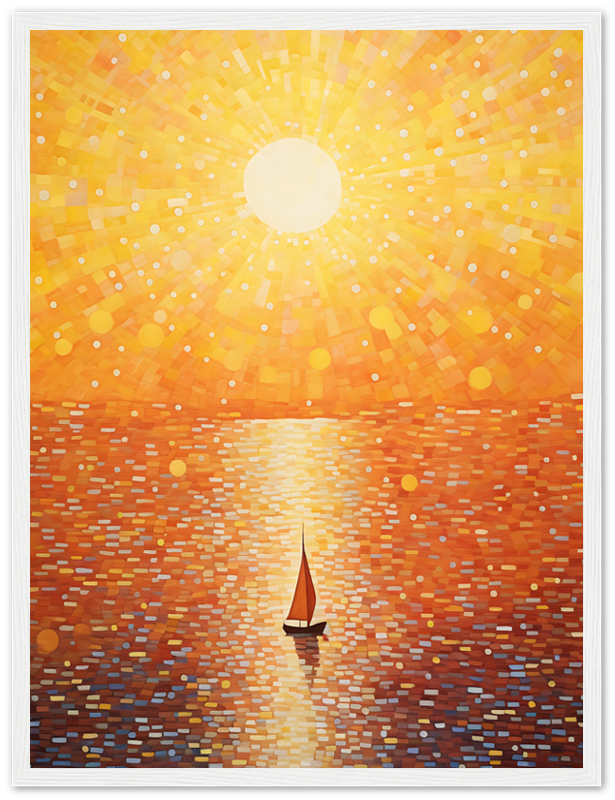 Painting of a sunset with radiant sun above and a sailboat on water, in a mosaic style.