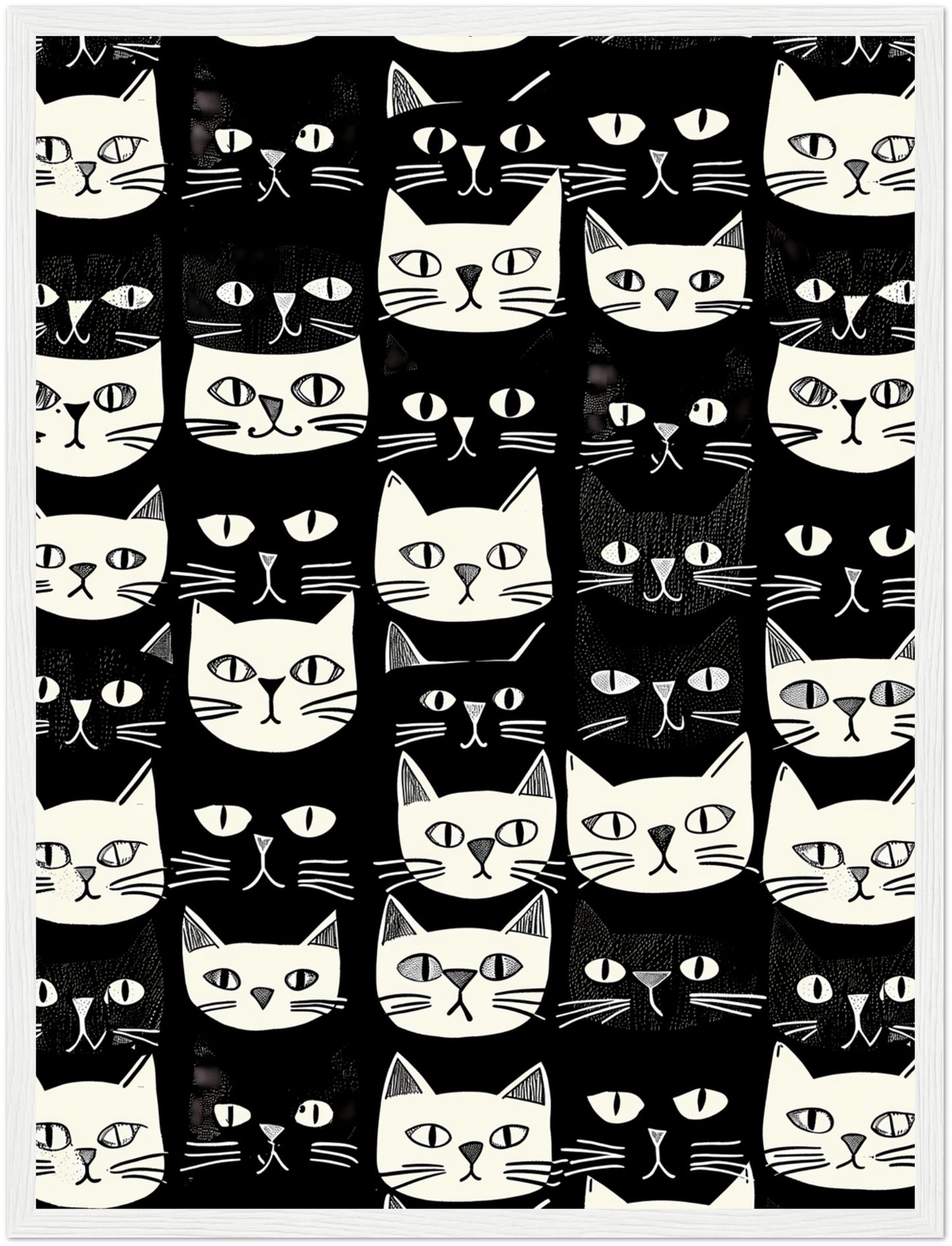 Black and white patterned artwork featuring various stylized cat faces.
