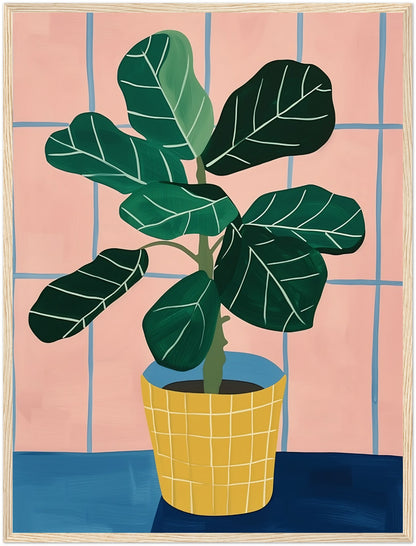 Illustration of a potted plant with large green leaves against a pink grid background.