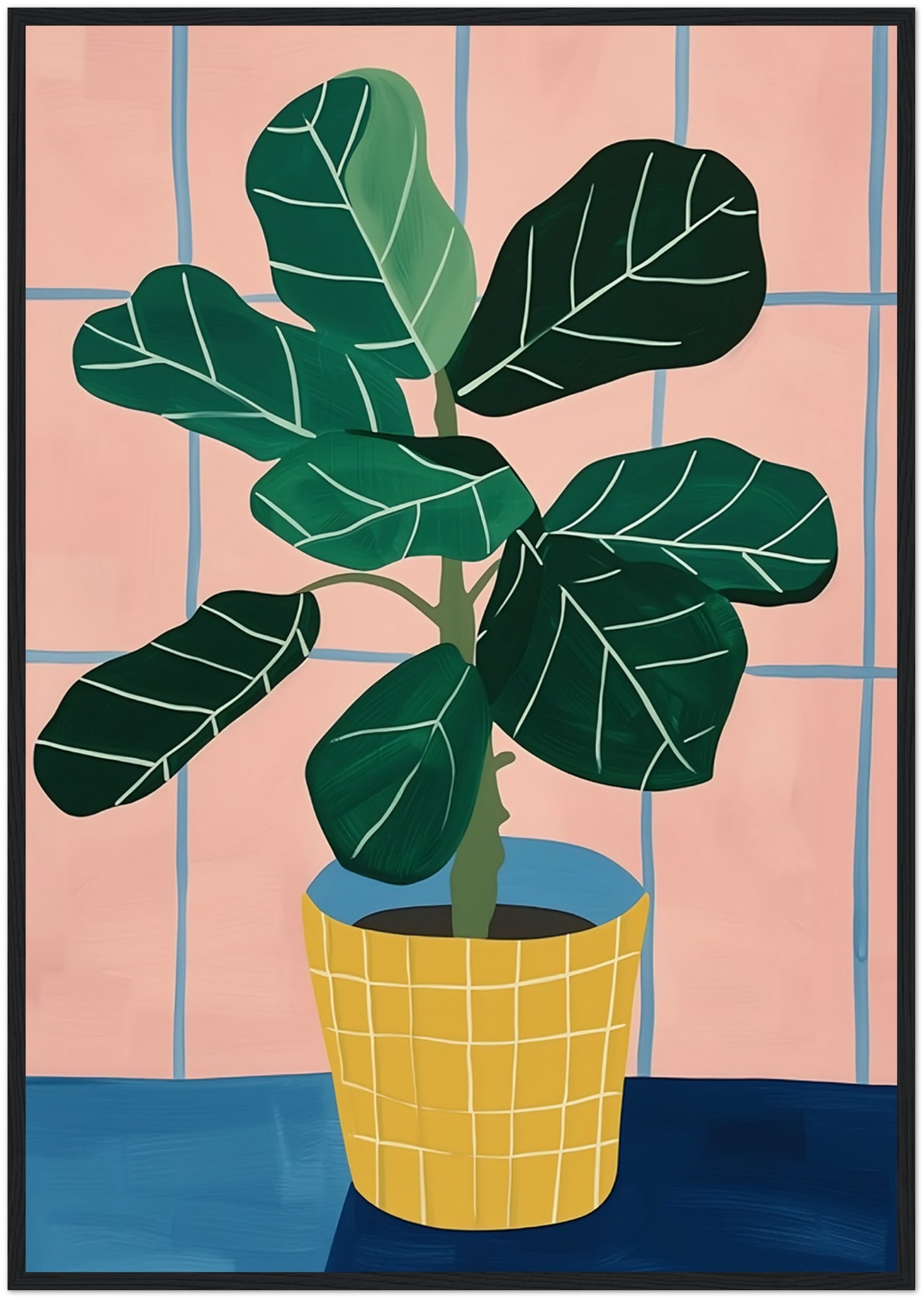 Illustration of a potted plant with large green leaves against a pink grid background.