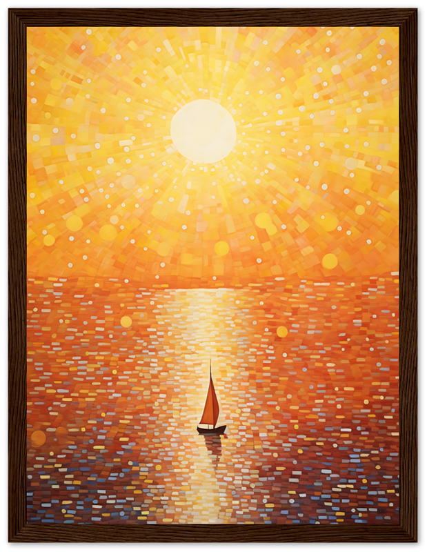Painting of a sunset with radiant sun above and a sailboat on water, in a mosaic style.