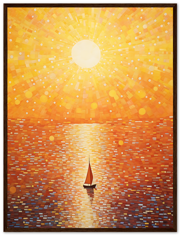 A painting of a sailboat on water at sunset with radiant sunbeams.