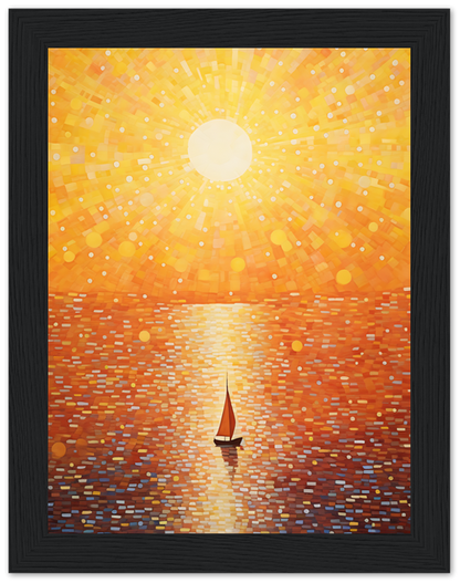Painting of a sailboat on a sunlit sea with radiant sunbeams.
