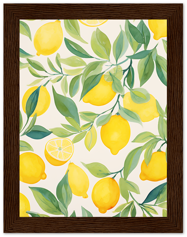 A framed artwork featuring a pattern of yellow lemons and green leaves.
