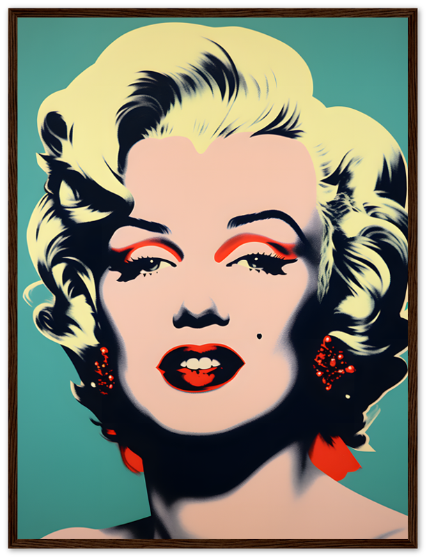 Pop art style portrait of a blonde woman in a wooden frame.