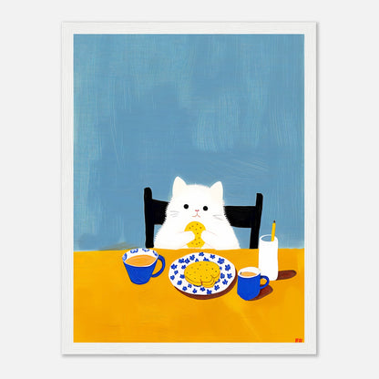 Illustration of a white cat sitting at a table with a cookie and a cup of tea.