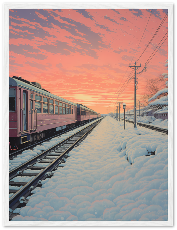 A painting of a train on snowy tracks under a pink-hued sky inside a decorative frame.