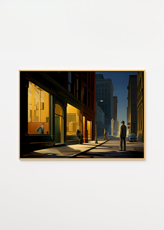 A framed painting of a sunlit cityscape with buildings casting long shadows.
