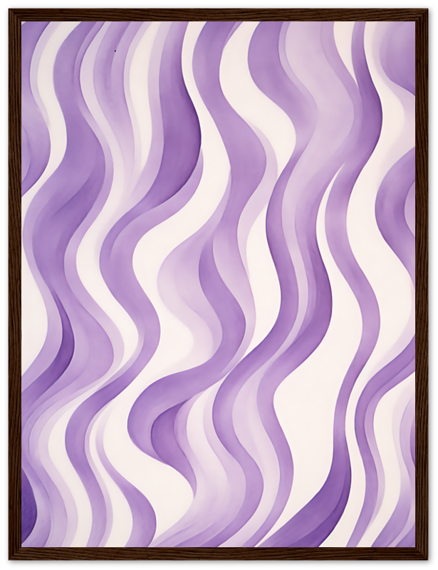 Abstract purple wavy lines canvas in a wooden frame.