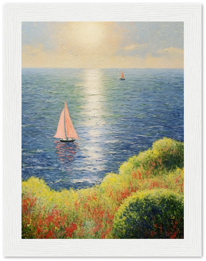 Impressionist-style painting of sailboats on a sunlit ocean, framed on a wall.