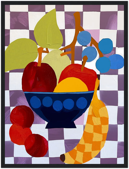 Abstract artwork of a fruit bowl with colorful, stylized shapes.