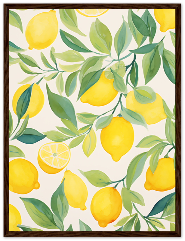 Framed painting of lemons and green leaves on a light background.
