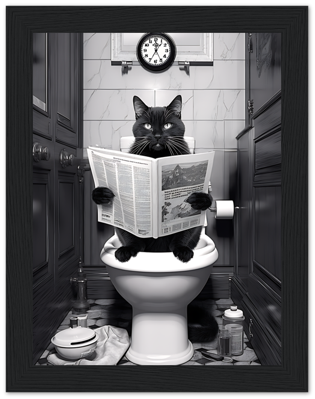 A cat sitting on a toilet reading a newspaper.