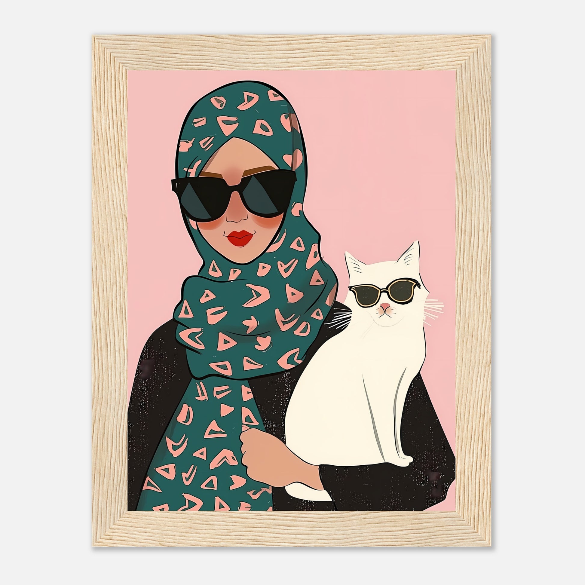 Illustration of a stylish woman with a hijab holding a cat wearing sunglasses.