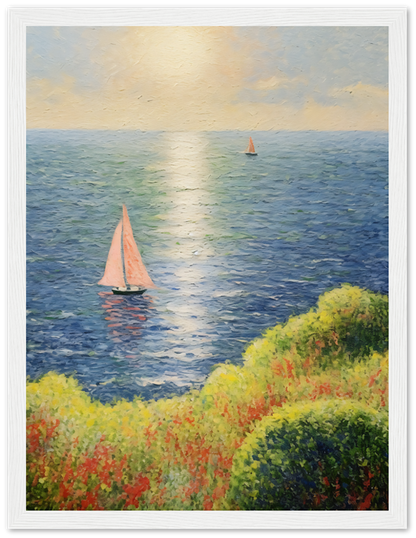 Painting of sailboats on a calm sea with sunlight reflecting on water, framed by a wooden frame.