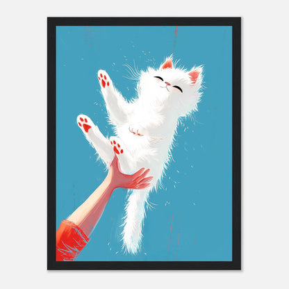 A framed illustration of a white fluffy kitten playfully swatted into the air by a human hand.