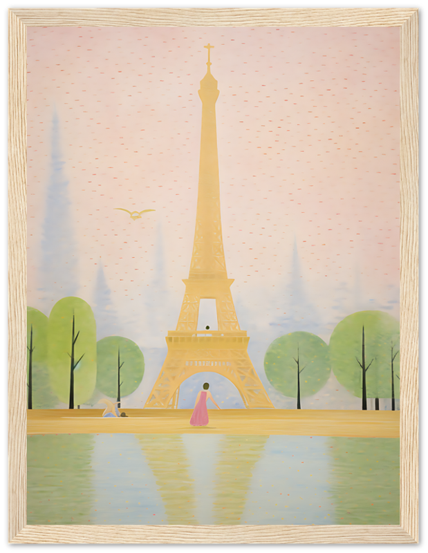"Illustration of the Eiffel Tower with trees, a pond, and a person in pink."