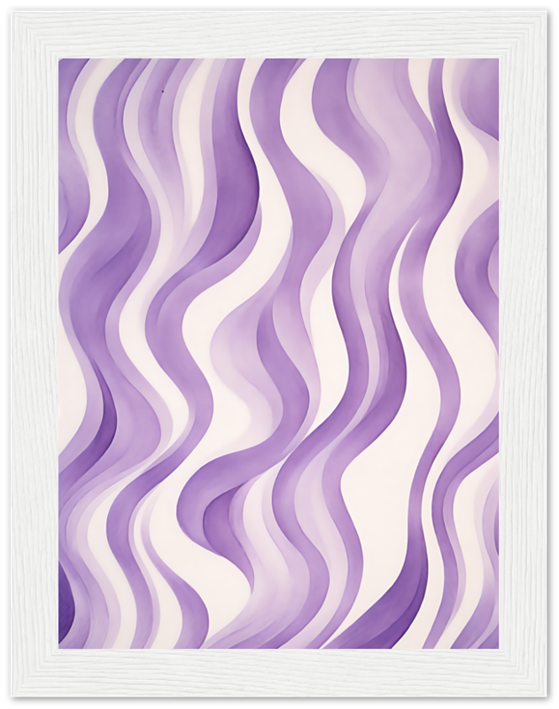 A framed abstract painting with purple and white wavy lines.