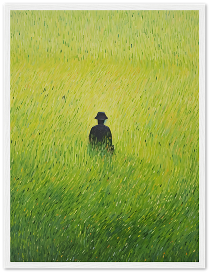 Painting of a solitary figure in a hat standing in a vibrant green field.